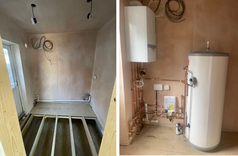 Empty room transformed to complete plant room — Vaillant boiler with unvented cylinder